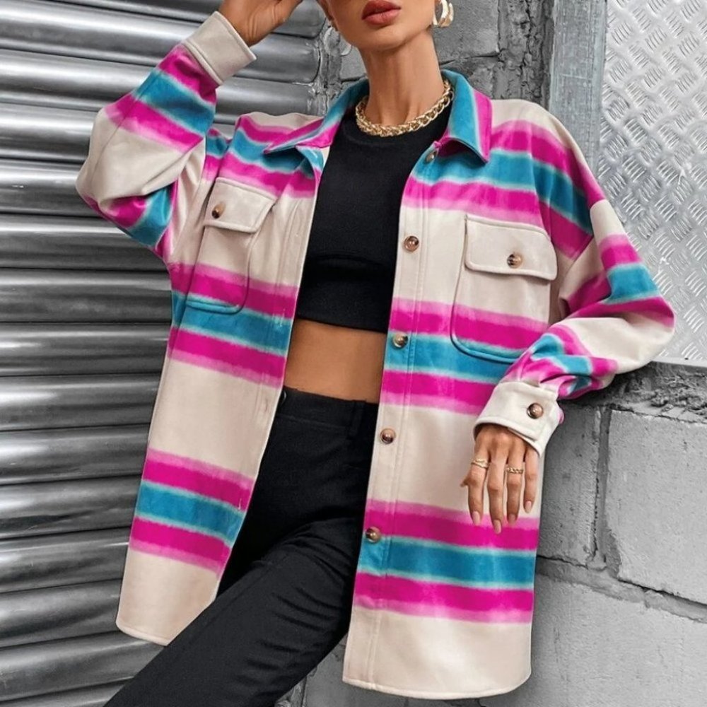 Striped Print Button down Shacket shirt jacket Coat - Picture 6 of 6